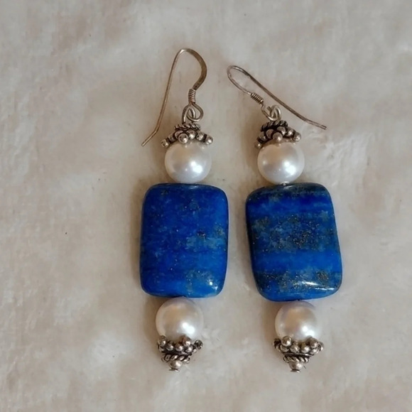 Cultured Pearl Lapis‎ Lazuli Sterling SilverDangle earrings - Picture 3 of 7